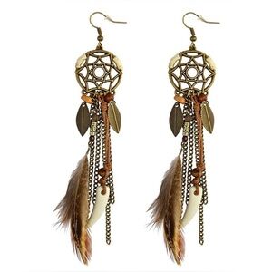 Dreamcatcher Steampunk  long feather, shell, metal earrings. Halloween Costumes